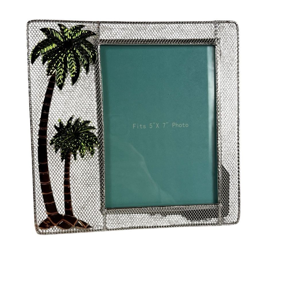 Metal Shiny Tropical Palm Tree Photo Frame 5x7 Silver Green Vacation Memories